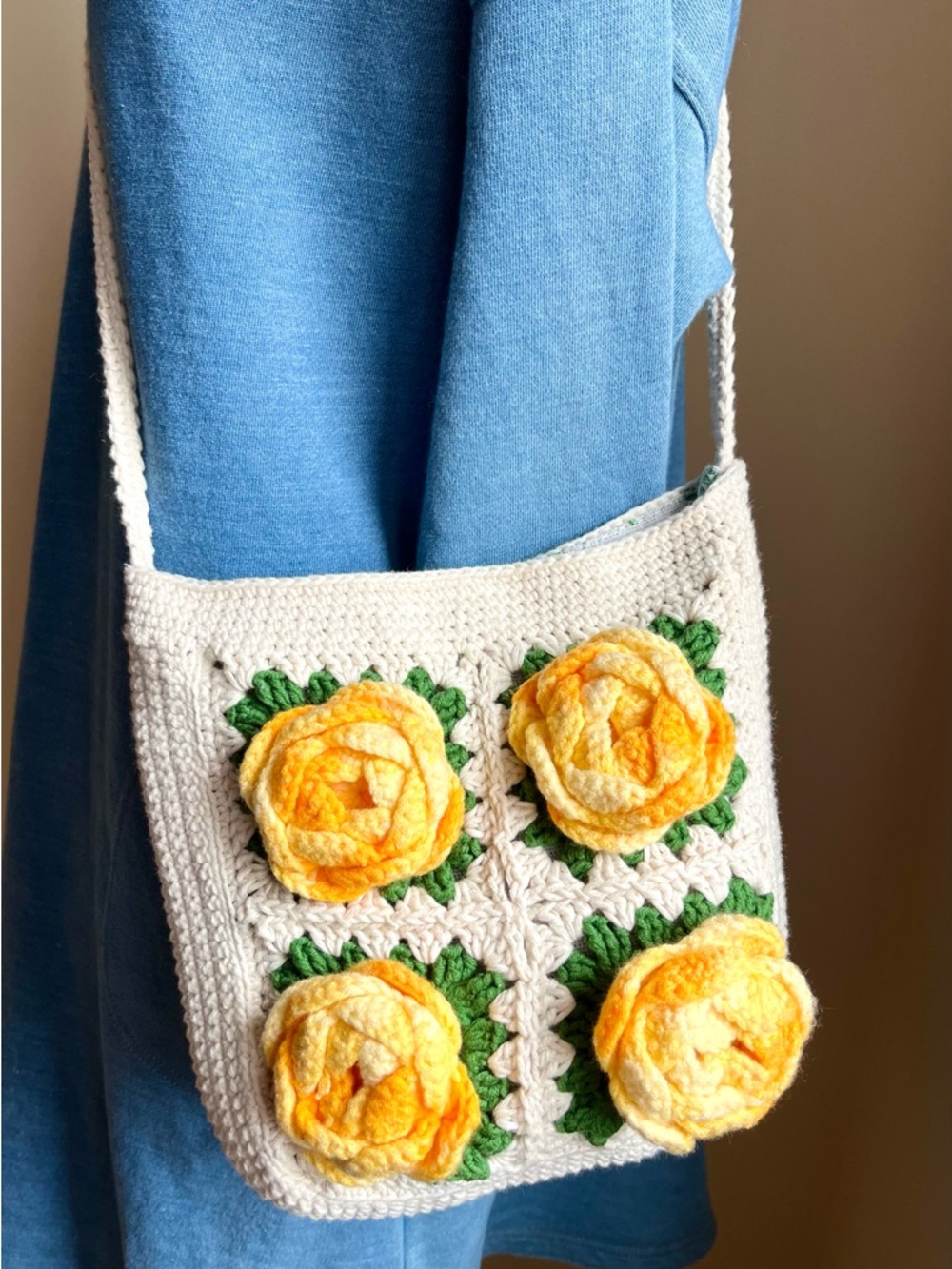 Handmade Crochet Bag with Yellow Floral Design